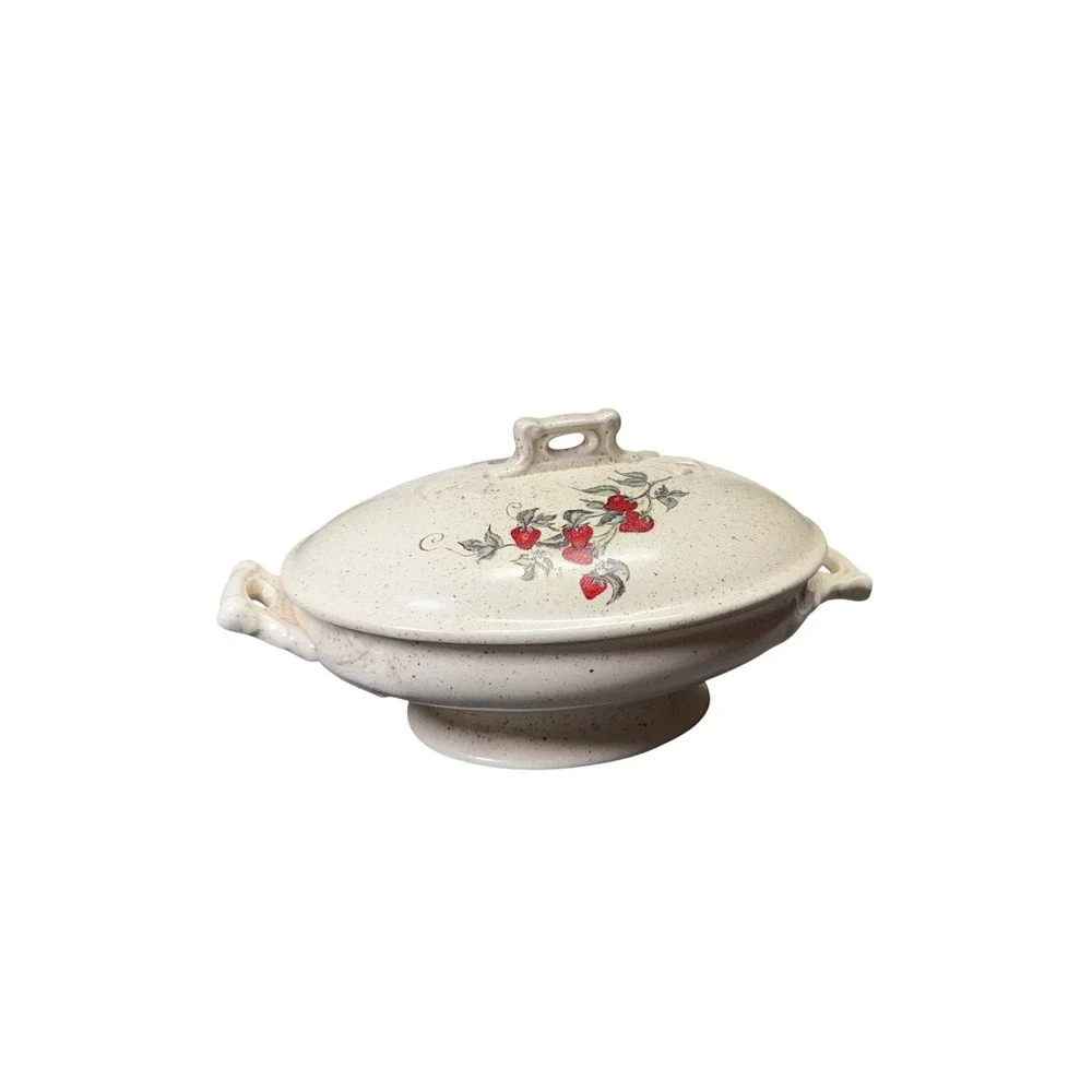 Vintage Speckled Ceramic Strawberry Soup Tureen with Lid Oval Serving Dish 14